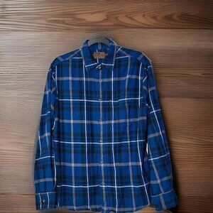 WOOLRICH Flannel Button Down Shirt Mens L Blue Plaid Cabincore Quiet Luxury Gorp
